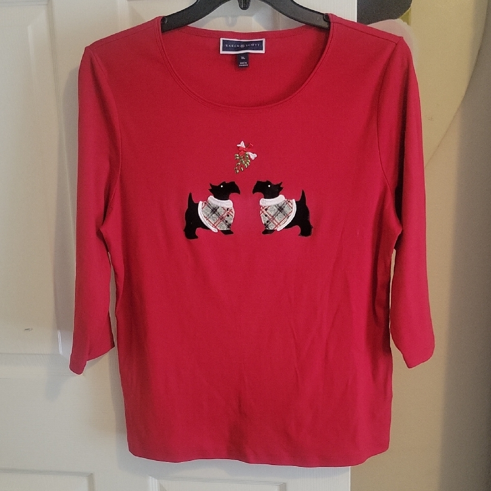 Karen Scott SzXL Cotton Red Long Sleeve Top with Scottie Dogs in Holiday wear